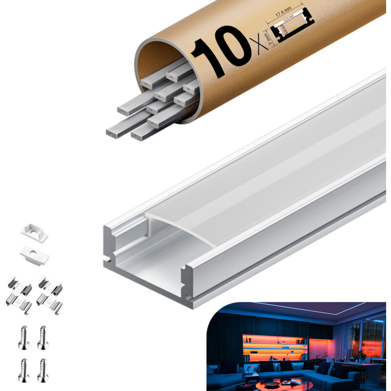 foto del prodotto profilo in alluminio per strisce led,coperchio opaco,adatto per dimensioni della banda massima 12,6 mm,dimensioni del profilo l2000x17.4x7mmx12pc