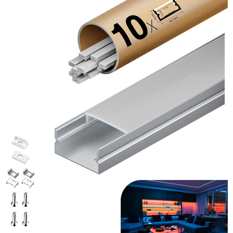 foto del prodotto profilo in alluminio per strisce led,coperchio opaco,adatto per dimensioni della banda massima 12,6 mm,dimensioni del profilo l2000x19.7x10mmx12pc