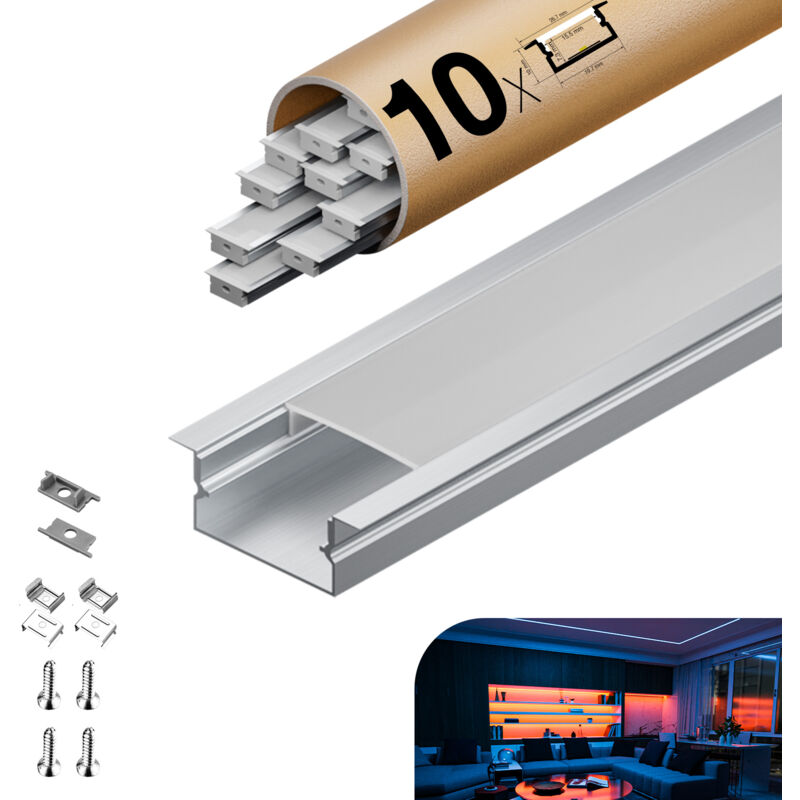 foto del prodotto profilo in alluminio per strisce led,coperchio opaco,adatto per dimensioni della banda massima 12,6 mm,dimensioni del profilo l2000x19.7x10mmx12pc