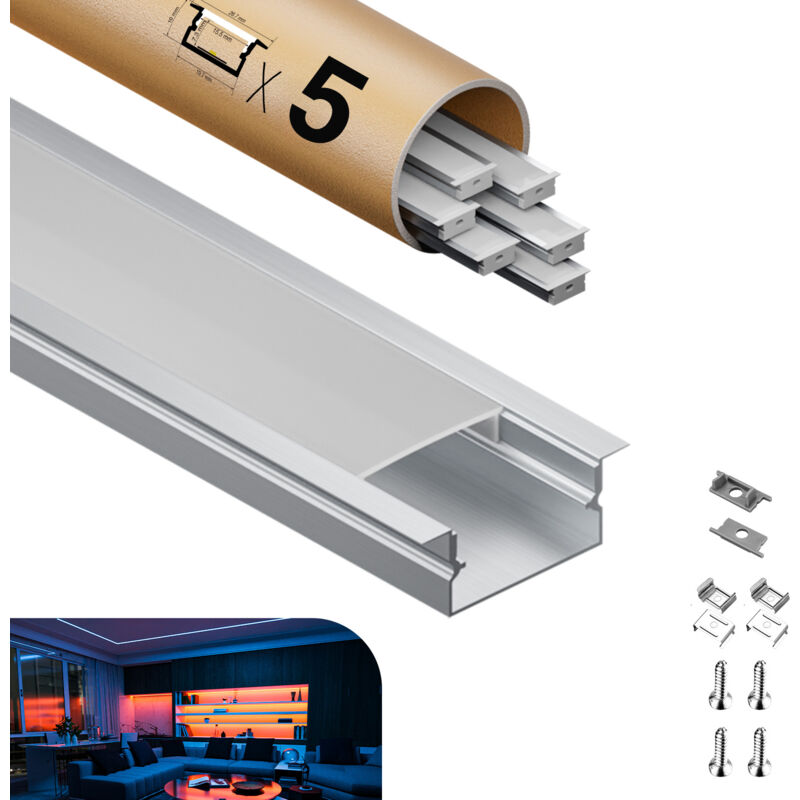 foto del prodotto profilo in alluminio per strisce led,coperchio opaco,adatto per dimensioni della banda massima 12,6 mm,dimensioni del profilo l2000x19.7x10mmx5pc