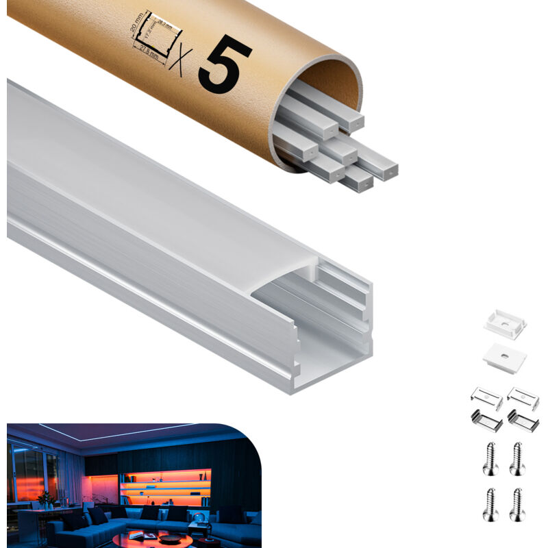 foto del prodotto profilo in alluminio per strisce led,coperchio opaco,adatto per dimensioni della banda massima 12,6 mm,dimensioni del profilo l2000x20x15mmx5pc sp24
