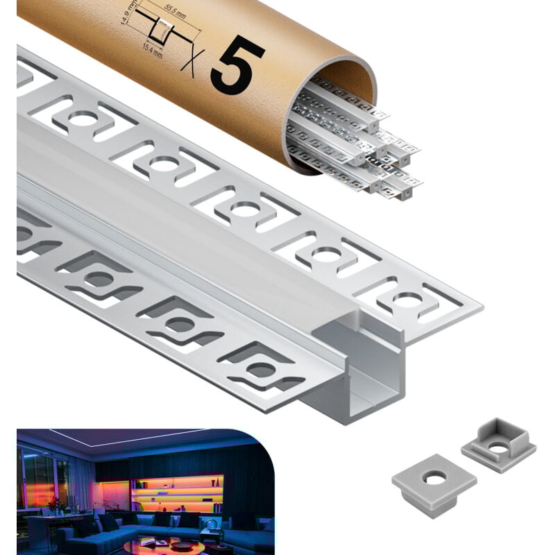 foto del prodotto profilo in alluminio per strisce led,coperchio opaco,adatto per dimensioni della banda massima 12,6 mm,dimensioni del profilo l2000x55.5x14.9mmx5pc