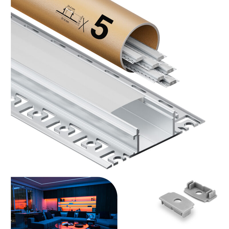 foto del prodotto profilo in alluminio per strisce led,coperchio opaco,adatto per dimensioni della banda massima 12,6 mm,dimensioni del profilo l2000x61.8x13.8mmx5pc