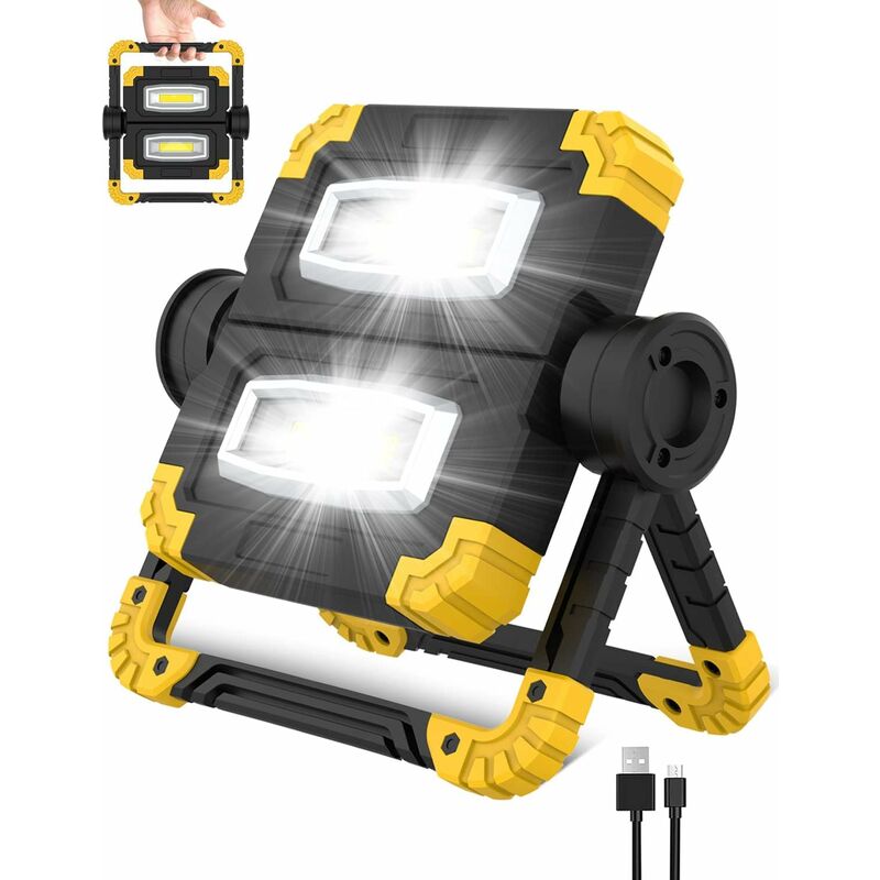 foto del prodotto proiettore a led ricaricabile, 3 modalit di illuminazione 2 cob proiettore a led portatile impermeabile, rotazione a 360 1400lm lampada da cantiere