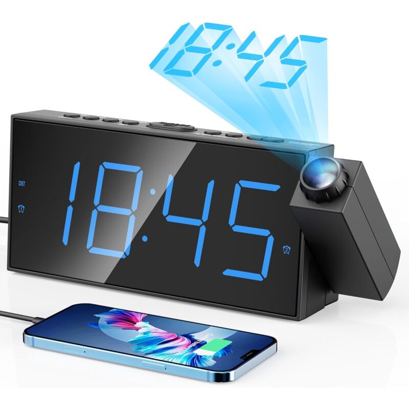 foto del prodotto proiettore blu, sveglia con proiettore da soffitto a 180 con schermo led da 7 , per bambini e dormiglioni, doppia sveglia batteria da soffitto 