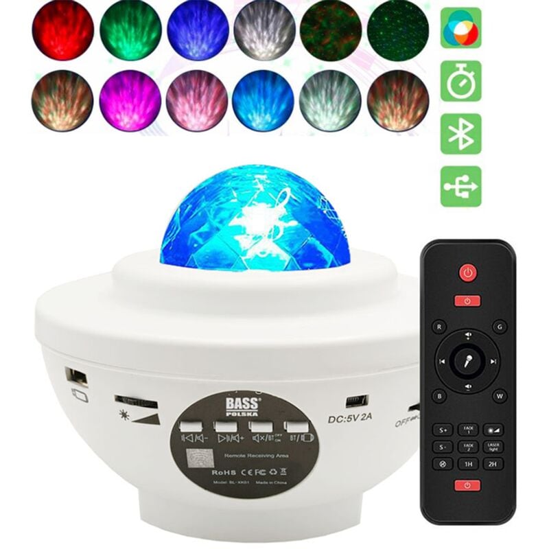 foto del prodotto proiettore di stelle con altoparlante bluetooth, display a stelle led, bianco