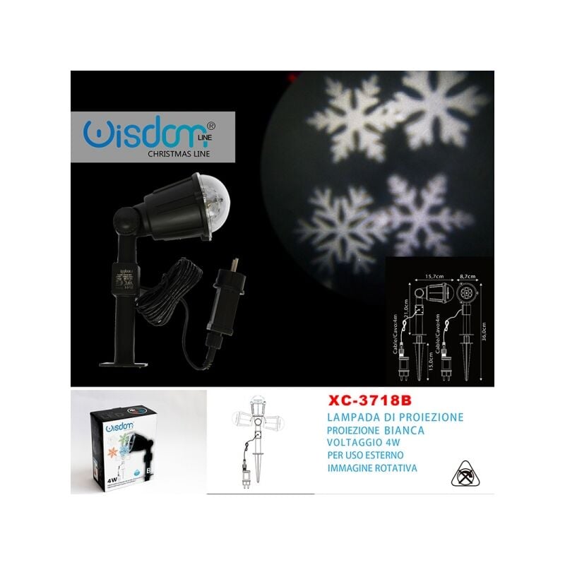 foto del prodotto proiettore lampada deco led rgbw per uso esterno con immagini fiocchi di neve rotanti natalizie xc3719 