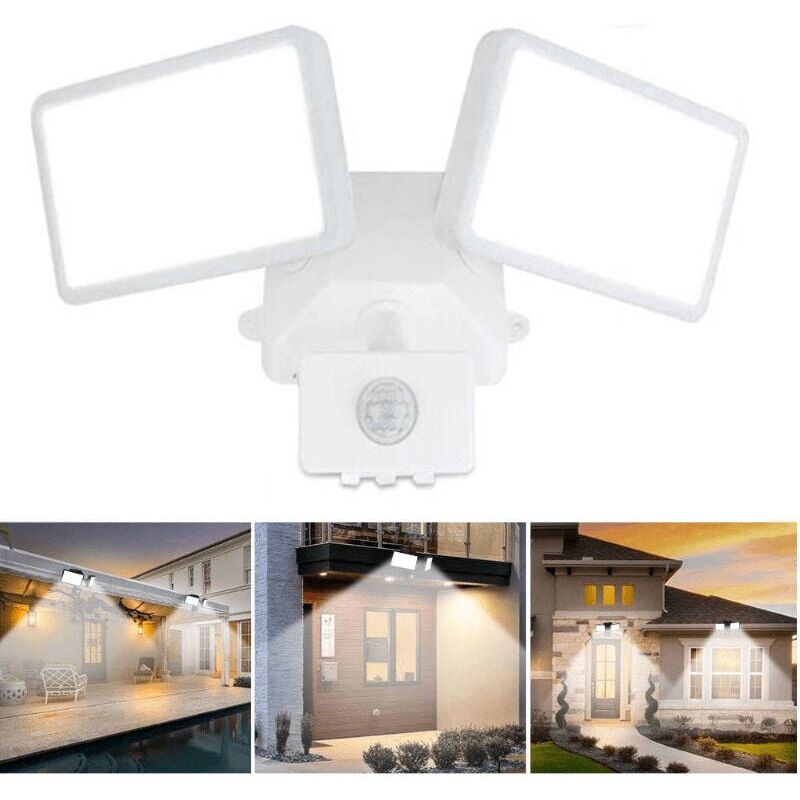 foto del prodotto proiettore led con sensore di movimento regolabile, proiettore led per esterni a doppia testa, ip65 impermeabile, bianco luce diurna, parco, garage e