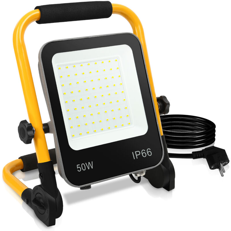foto del prodotto proiettore led con treppiede giallo proiettore esterno con presa faretto illuminazione di sicurezza 50w randaco
