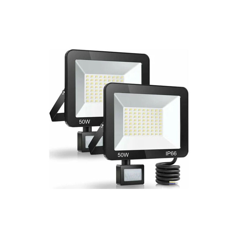 foto del prodotto proiettore led da esterno 50w con sensore di movimento 2 pezzi, faretto led impermeabile ip66 con sensore, 5000lm 7000k luce bianca fredda, lampada