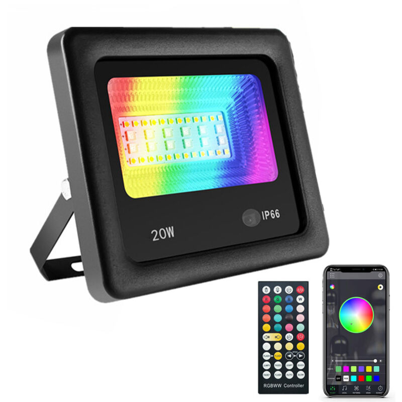 foto del prodotto proiettore led rgb per esterni 20w controllato da smartphone bluetooth, faretto led a colori rgb intelligente, impermeabile ip66, 27 modalit 16