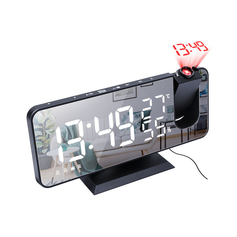 foto del prodotto proiettore monopezzo sveglia radio fm sveglia proiezione a 180 orologio digitale con specchio led porta di ricarica usb funzione snooze orologio