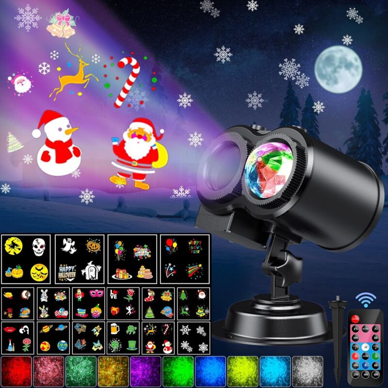 foto del prodotto proiettore natalizio a led per esterni lampada da proiezione a led natalizia per esterni 2 in 1 con telecomando 16 modelli commutabili 10 colori