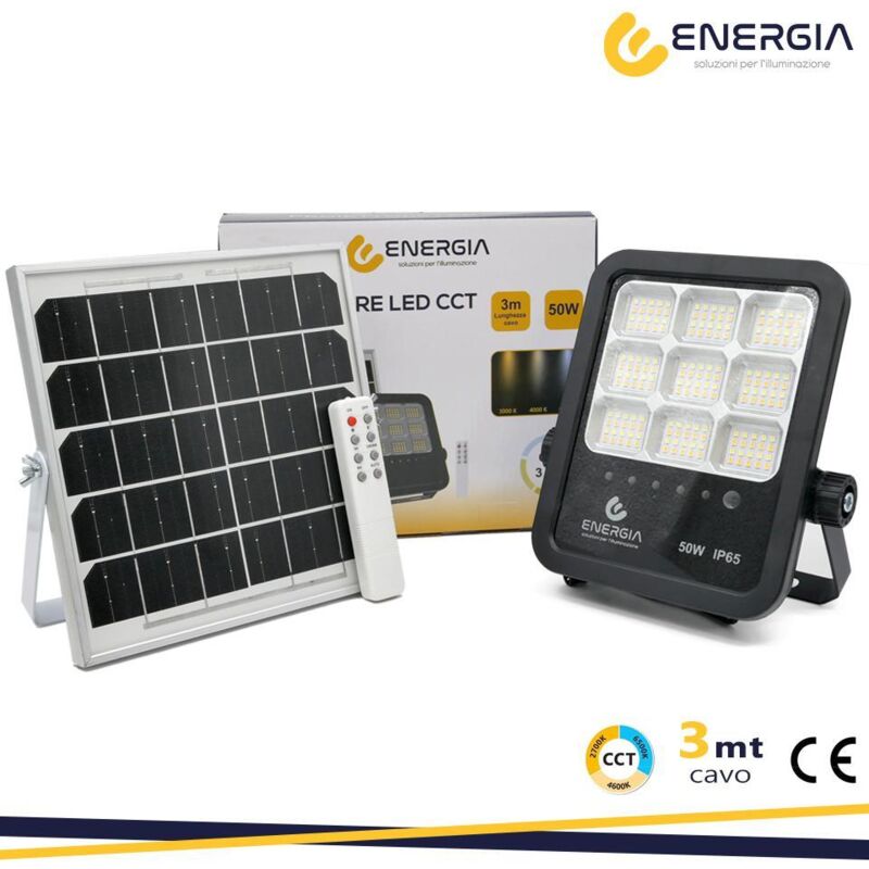 foto del prodotto proiettore solare 50w cct 3000 6400k 550lm pann.6w luce fredda