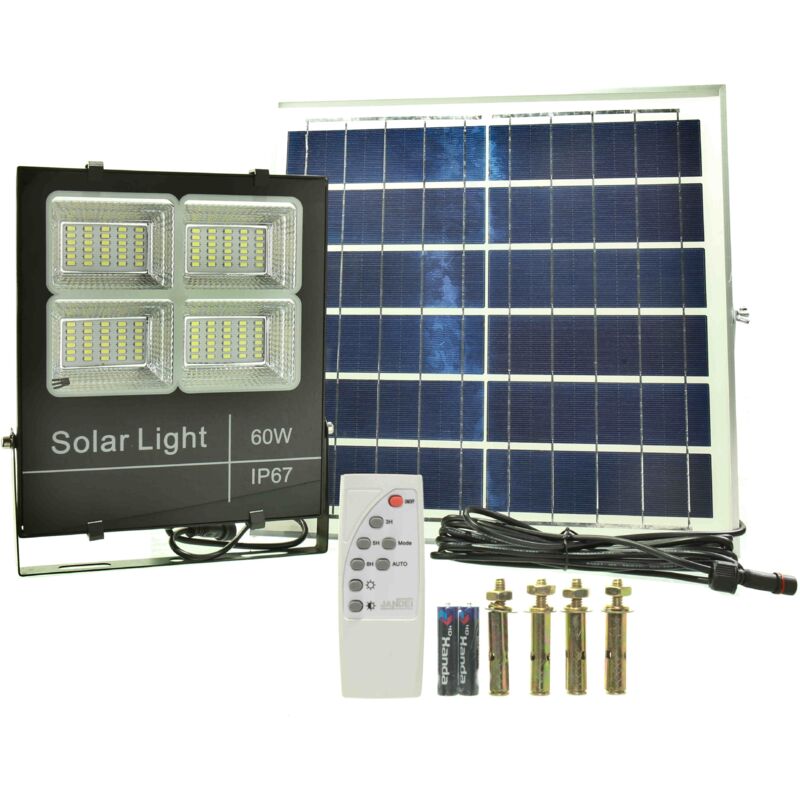 foto del prodotto proiettore solare a led 60w pannello separato batteria al litio 600 lumens 120 led illuminazione solare jandei