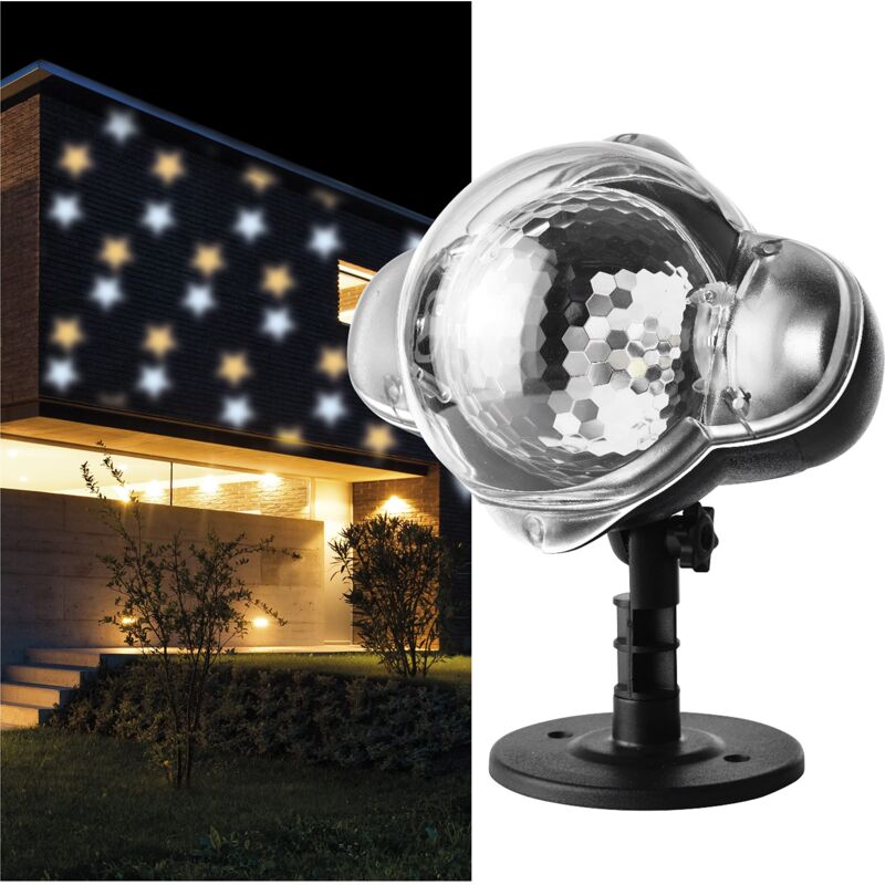 foto del prodotto proiettore stelle led, bianca e gialla, illuminazione parete, proiezione facciate, pareti, ip44, interni ed esterni, cavo 3 m, nero, dcpn01 emos