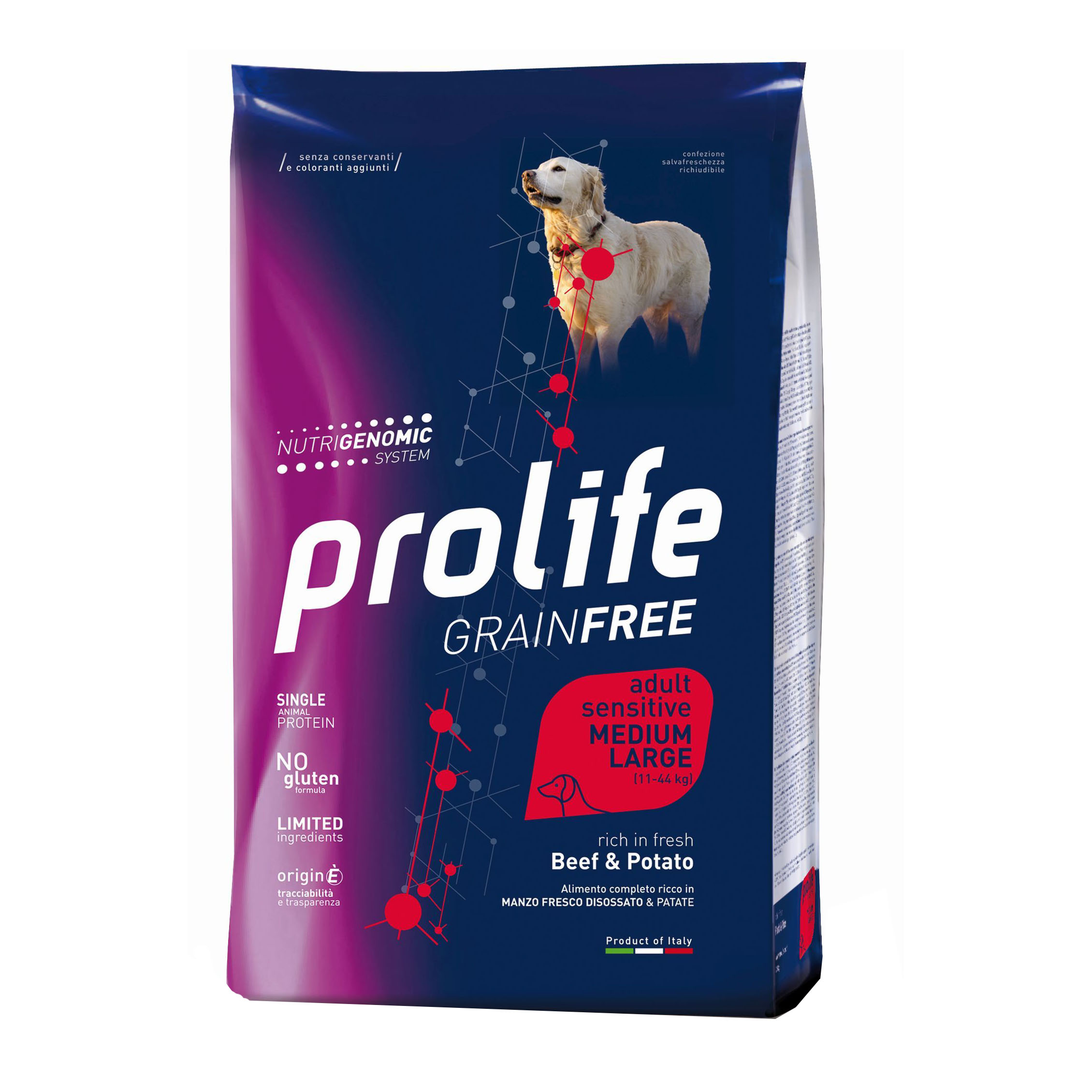 foto del prodotto prolife cane grain free sensitive adulto medium amp large manzo amp patate 10 kg