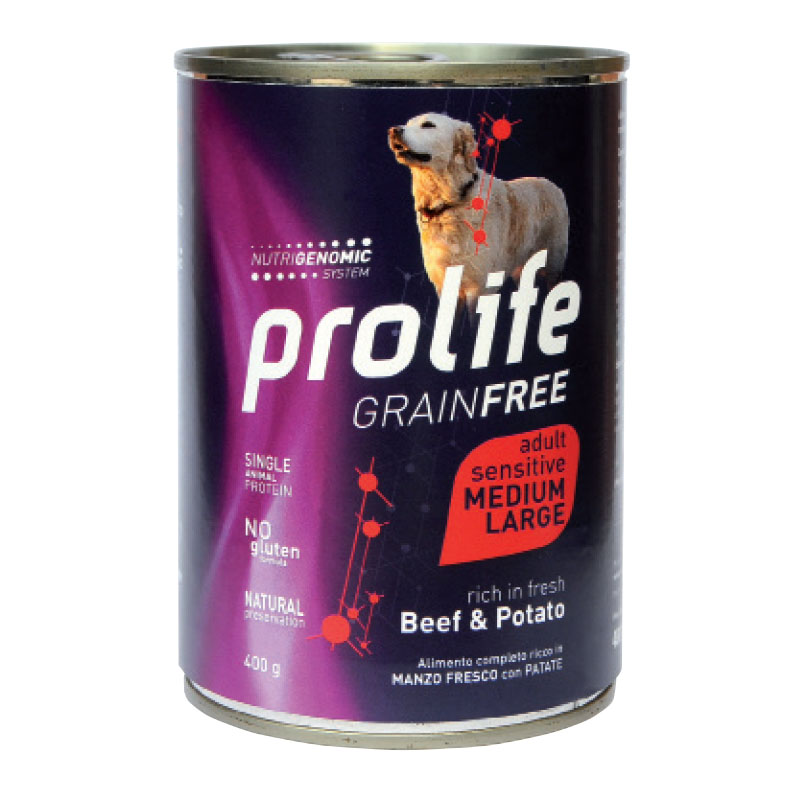 foto del prodotto prolife cane grain free sensitive adulto medium amp large manzo amp patate lattina 400 gr