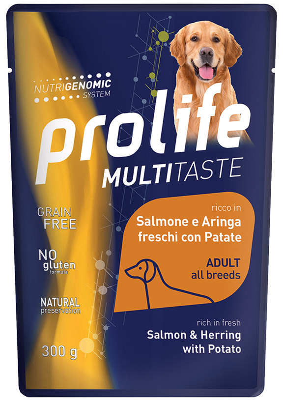 foto del prodotto prolife cane multitaste adulto salmone, aringa amp patate busta 300 gr