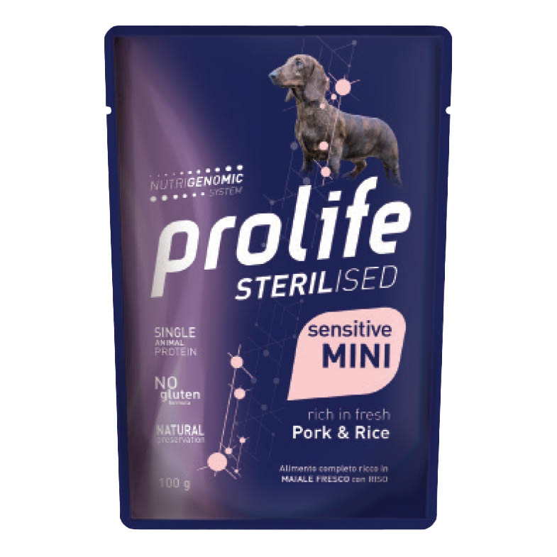 foto del prodotto prolife cane sterilised sensitive adulto mini maiale &amp; riso busta 100 gr