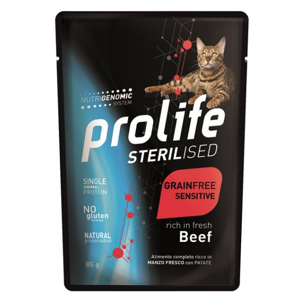 foto del prodotto prolife cat sterilised bustine 85 gr - manzo - confezione da 12 pezzi - 1 ordine scegli lo sconto bzr5 bzr20 200 punti fedeltà