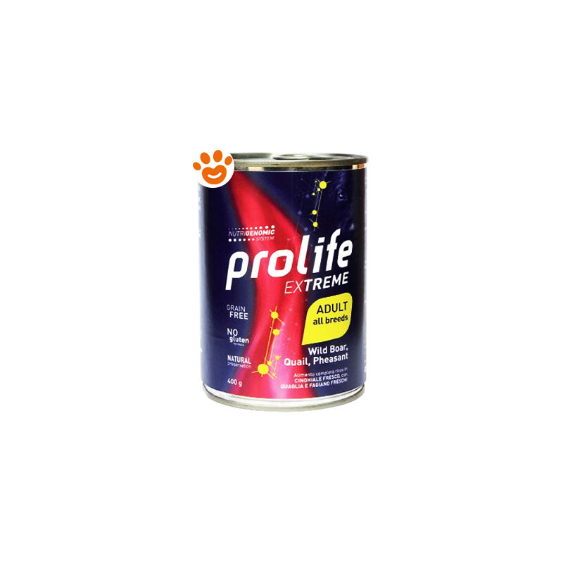 foto del prodotto prolife dog extreme adult all breeds cinghiale quaglia e fagiano dog extreme adult all breeds cinghiale quaglia e fagiano lattina da 400 gr