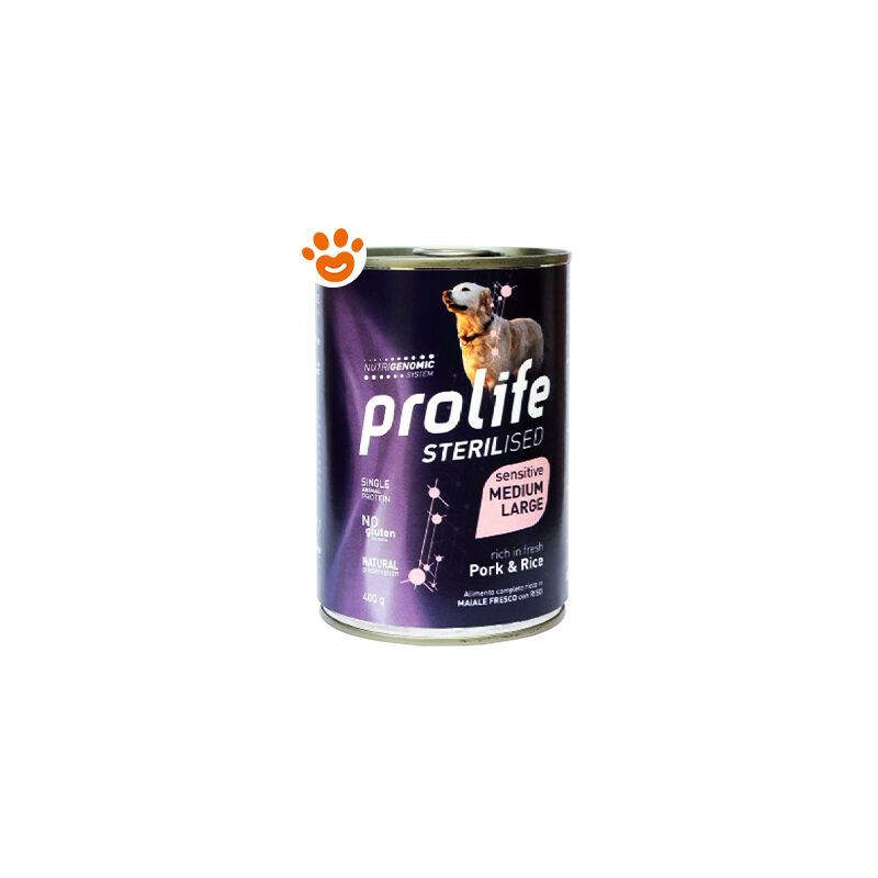 foto del prodotto prolife dog sterilised sensitive adult medium large maiale e riso dog sterilised sensitive adult medium large maiale e riso lattina da 400 gr