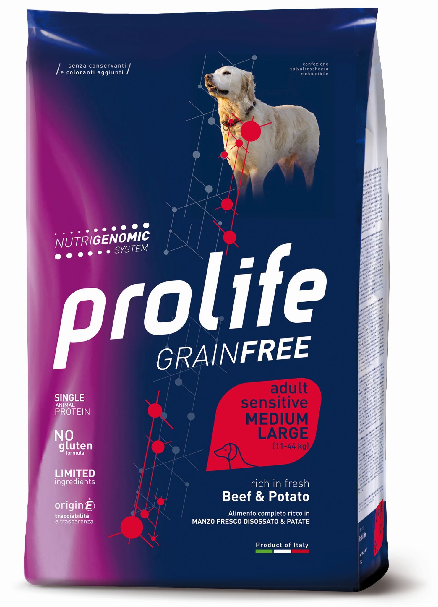 foto del prodotto prolife grain free cane adult sensitive medium large manzo e patate 10 kg crocchette monoproteiche cane 1 ordine scegli lo sconto bzr5 bzr20 200 punti fedelt 