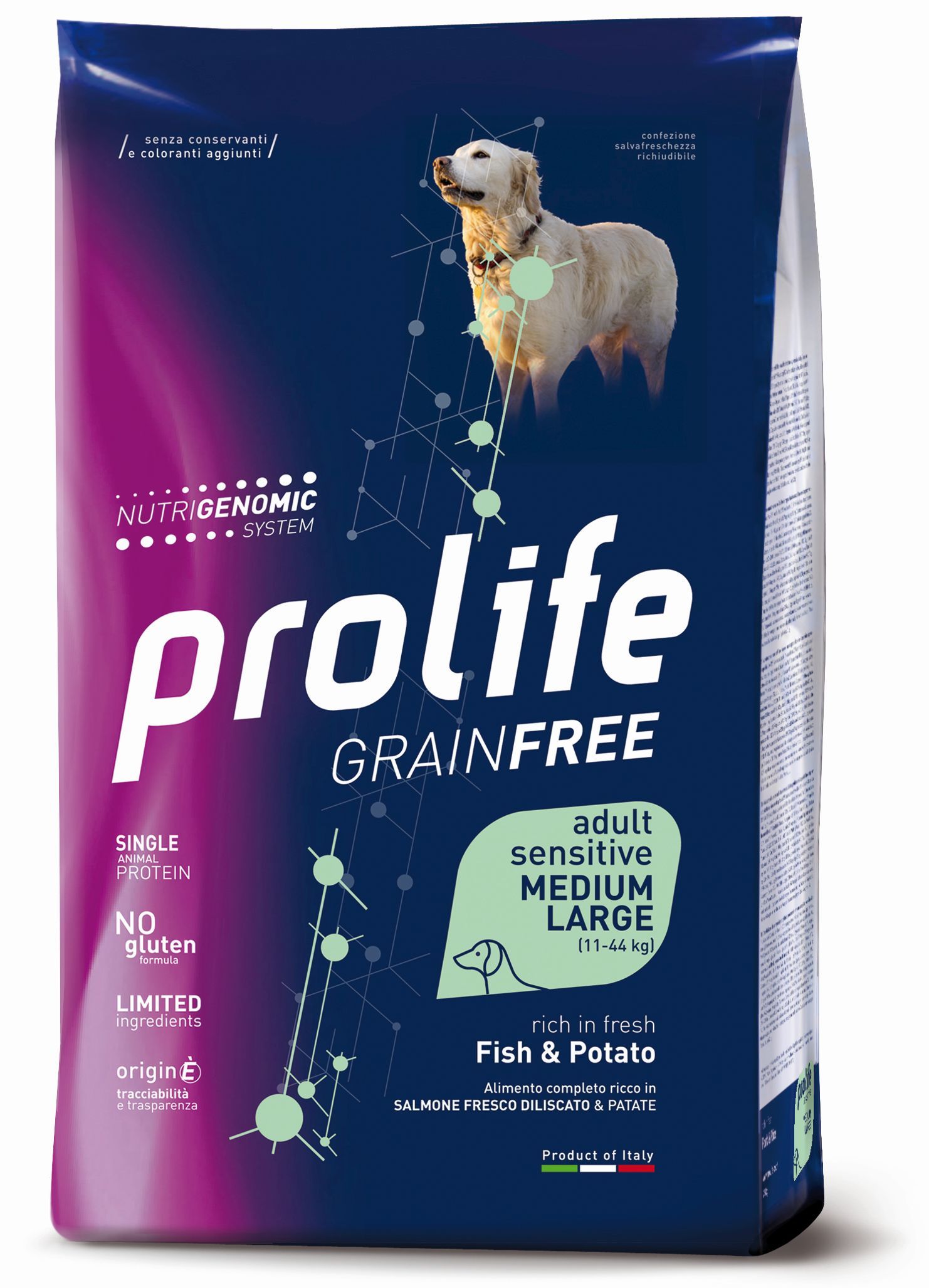 foto del prodotto prolife grain free cane adult sensitive medium large pesce e patate 10 kg crocchette monoproteiche cane 1 ordine scegli lo sconto bzr5 bzr20 200 punti fedelt 