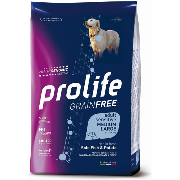 foto del prodotto prolife grain free cane adult sensitive medium large sogliola e patate 10 kg crocchette monoproteiche cane 1 ordine scegli lo sconto bzr5 bzr20 200 punti fedelt 