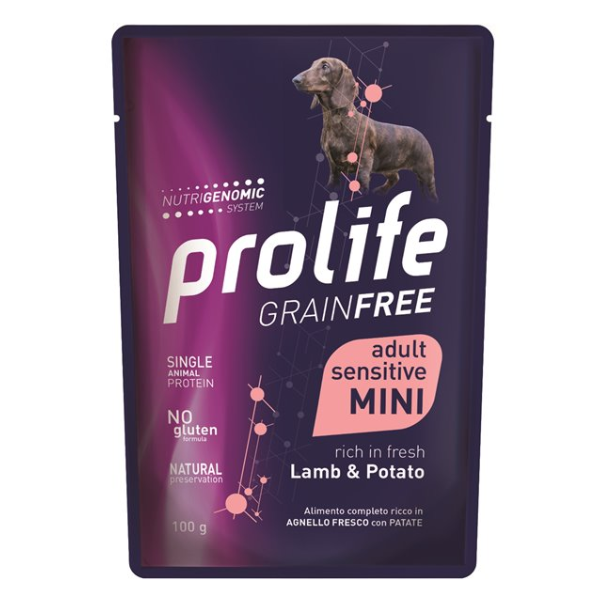 foto del prodotto prolife grain free dog mini 100 gr - agnello e patate - confezione da 10 pezzi - cibo umido per cani - 1 ordine scegli lo sconto bzr5 bzr20 200 punti fedeltà