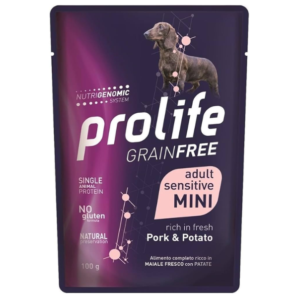 foto del prodotto prolife grain free dog mini 100 gr - maiale e patate - confezione da 10 pezzi - cibo umido per cani - 1 ordine scegli lo sconto bzr5 bzr20 200 punti fedeltà