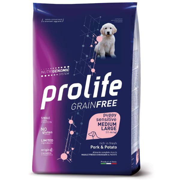 foto del prodotto prolife grain free puppy sensitive medium large maiale e patate 10 kg 1 ordine scegli lo sconto bzr5 bzr20 200 punti fedelt 