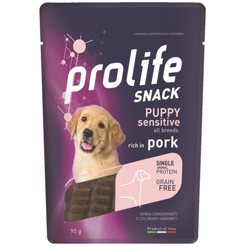 foto del prodotto prolife snack sensitive grain free per cani puppy con maiale da