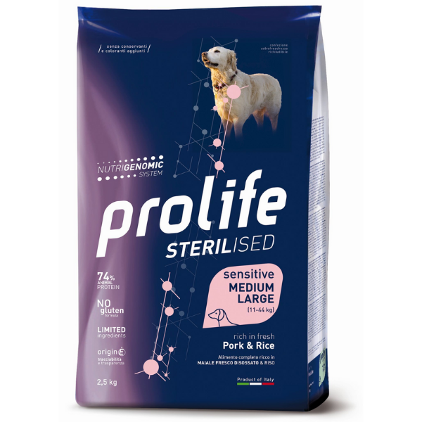 foto del prodotto prolife sterilised cane sensitive medium large maiale e riso 12 kg crocchette monoproteiche cane 1 ordine scegli lo sconto bzr5 bzr20 200 punti fedelt 