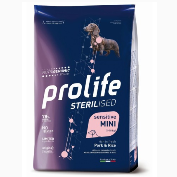 foto del prodotto prolife sterilised sensitive mini maiale e riso 7 kg croccantini per cani 1 ordine scegli lo sconto bzr5 bzr20 200 punti fedelt 
