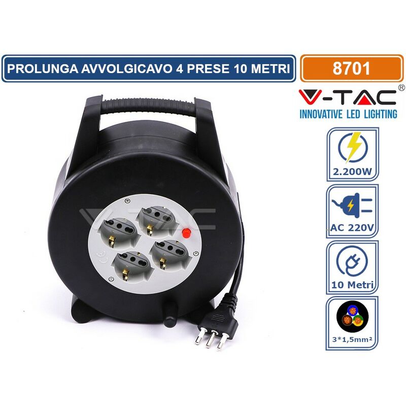 foto del prodotto prolunga avvolgicavo spina 16a e 4 prese 10 16a bipasso schuko colore nero 10 metri sku 8701 v tac