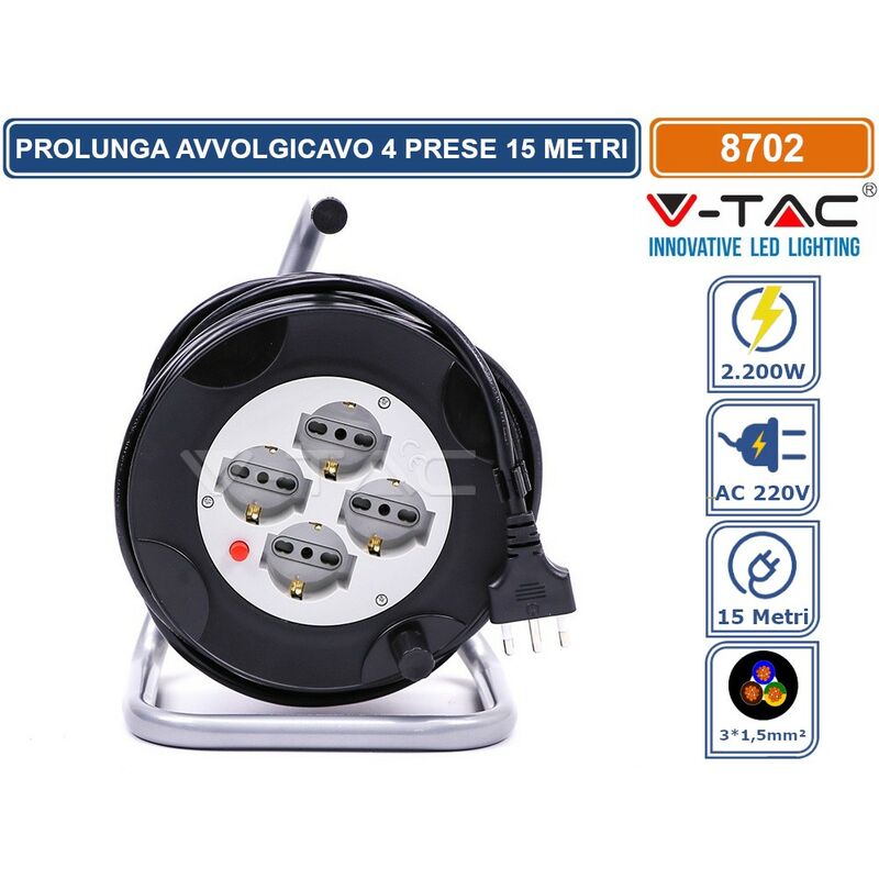 foto del prodotto prolunga avvolgicavo spina 16a e 4 prese 10 16a bipasso schuko colore nero 15 metri sku 8702 v tac