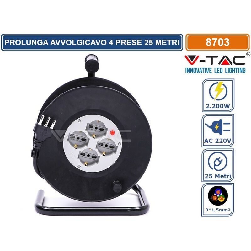 foto del prodotto prolunga avvolgicavo spina 16a e 4 prese 10 16a bipasso schuko colore nero 25 metri sku 8703 v tac