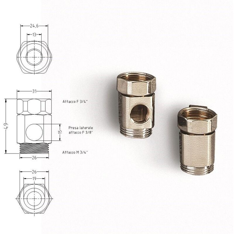 foto del prodotto prolunga in ottone cromato mf 3 4 con dado girevole e presa 3 8 786506oc