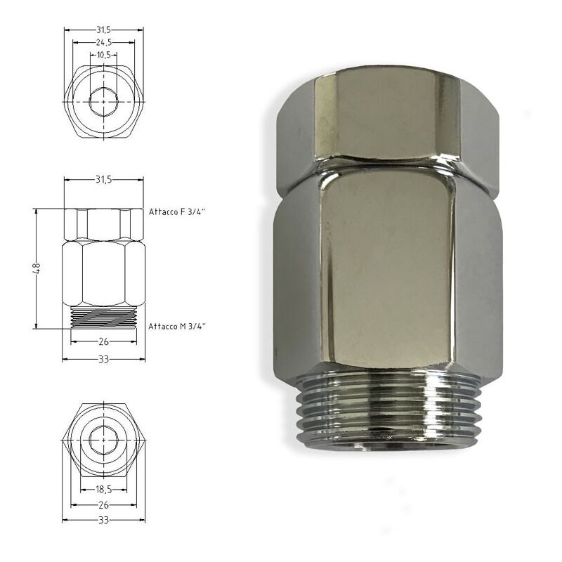 foto del prodotto prolunga senza foro con dado girevole 3 4x3 4 in ottone cromato. 786507oc