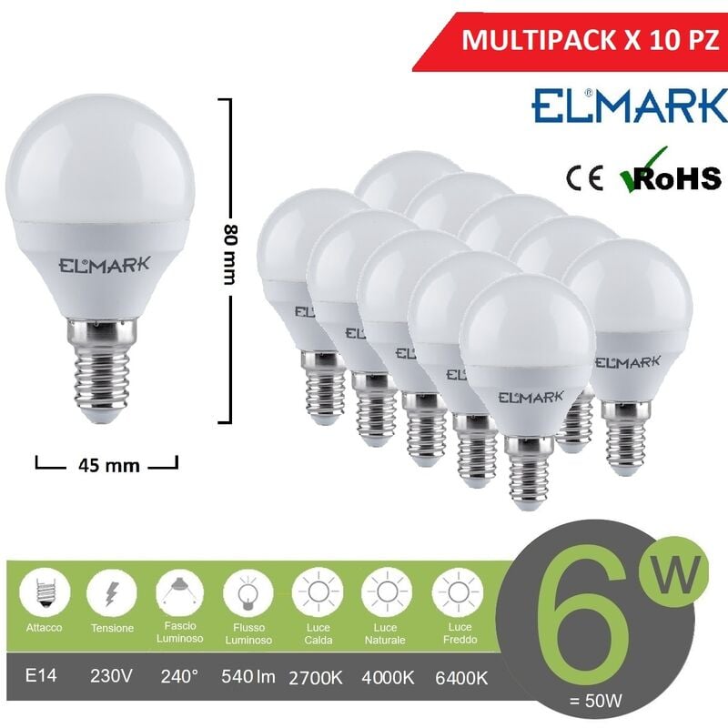 foto del prodotto promopack x 10 pz lampadina led globo g45 e14 6w attacco piccolo sfera bianco basso consumo luce fredda naturale calda calda 2700k