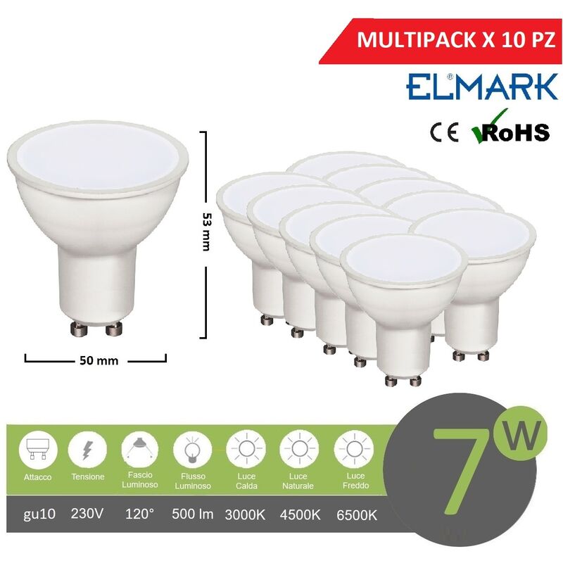 foto del prodotto promopack x10pz faretto led 7w attacco gu10 bianco lampadina copertura opaca luce fredda naturale calda calda 2700k