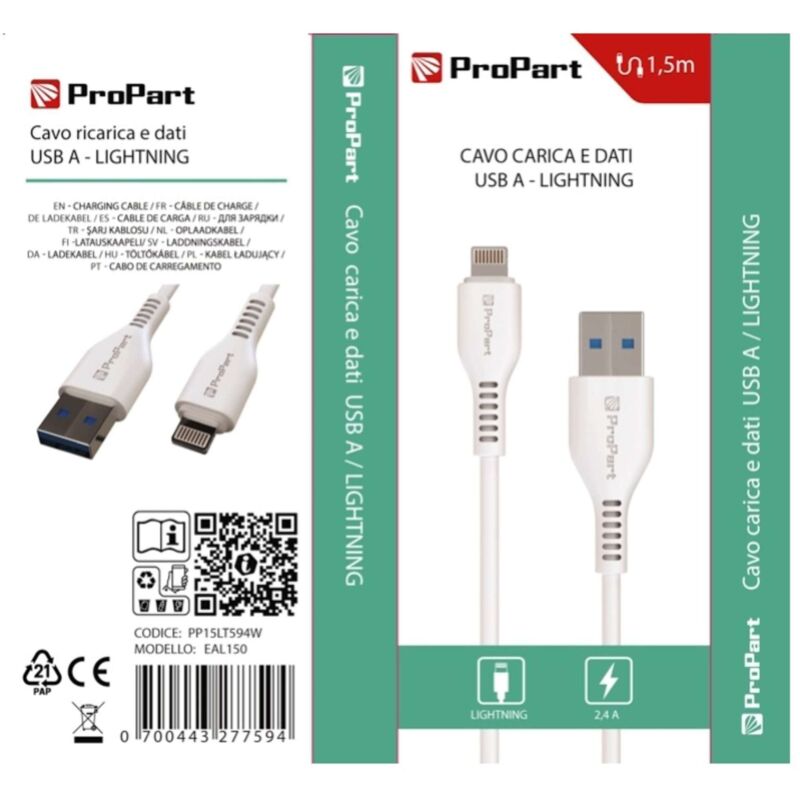 foto del prodotto propart cavo lightning usb tipo a pp15lt594w eal150 1.5mt bianco