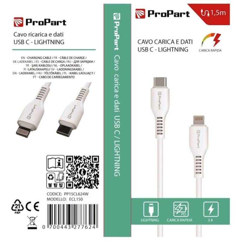 foto del prodotto propart cavo lightning usb tipo c pp15cl624w ecl150 1.5mt bianco