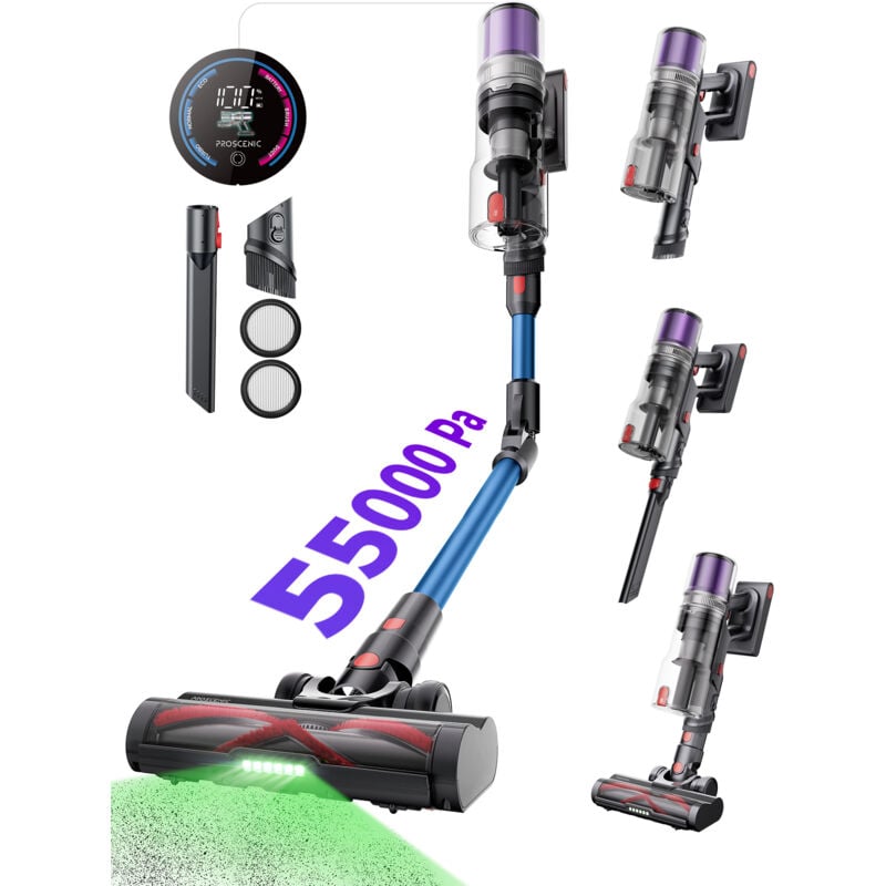 foto del prodotto proscenic p16 aspirapolvere senza fili potente 550w fino a 55 minuti di autonomia design compatto con serbatoio da 1.5l blu