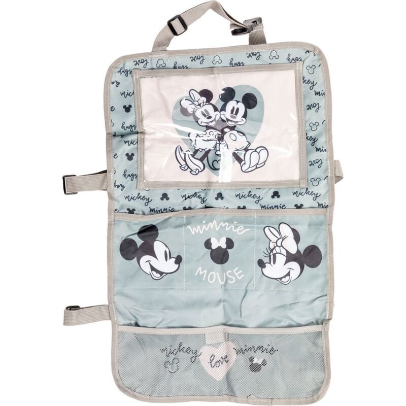 foto del prodotto proteggisedile portaoggetti tablet organizer auto per bambini di colore grigio e rosa con i simpatici topolini minnie e mickey mouse - disney