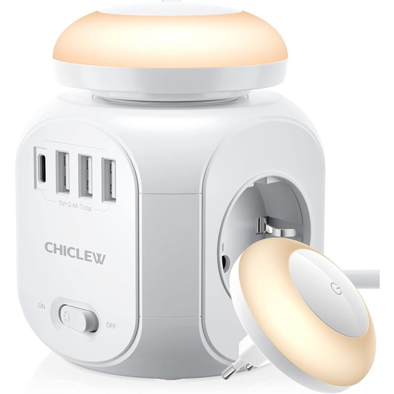 foto del prodotto protezione da sovratensione in un unico pezzo con usb, multipresa cubo con 4 prese, 3 porte usb e 1 porta di tipo c, presa di corrente con prolunga
