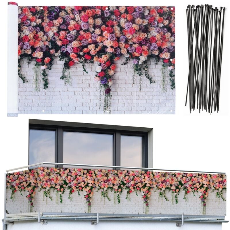 foto del prodotto protezione frangivista per balcone, pratica frangivista con motivo a rose e alta resistenza ai raggi uv e agli agenti atmosferici, ad asciugatura