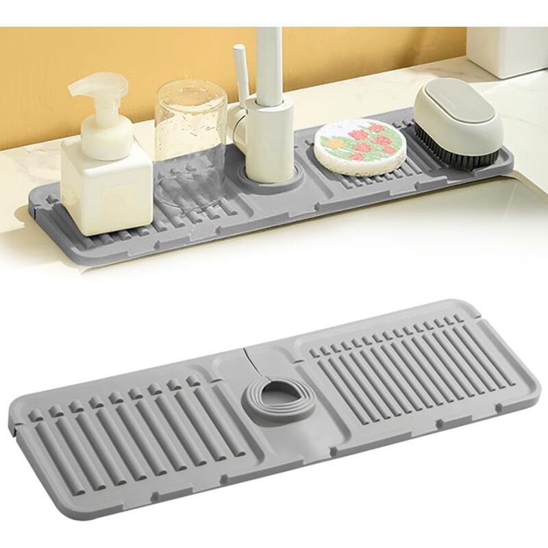 foto del prodotto protezione per rubinetto del lavello della cucina, protezione per rubinetto, gocciolatoio in silicone per rubinetto della cucina e del bagno (grigio)